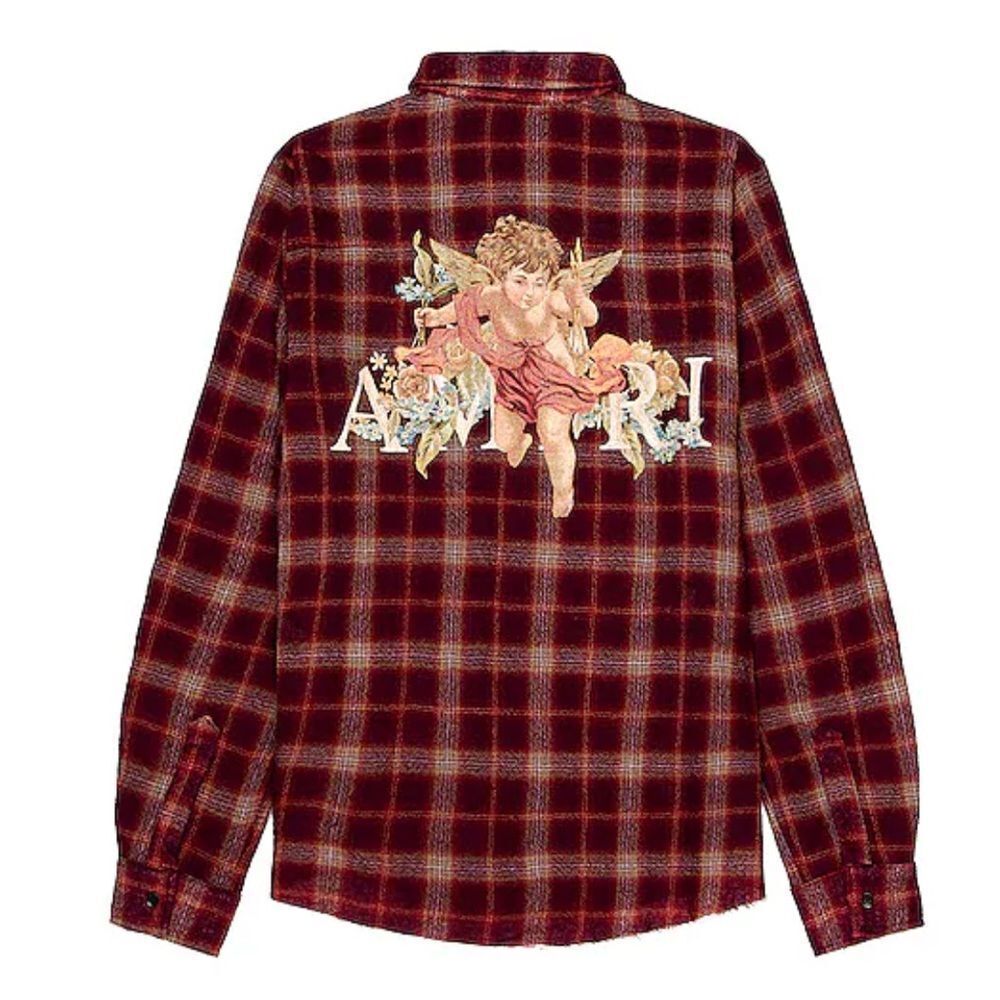 AMIRI Shirt Men Small‎ Button Down Wool Flannel Cherub Plaid Burgundy Fall Logo